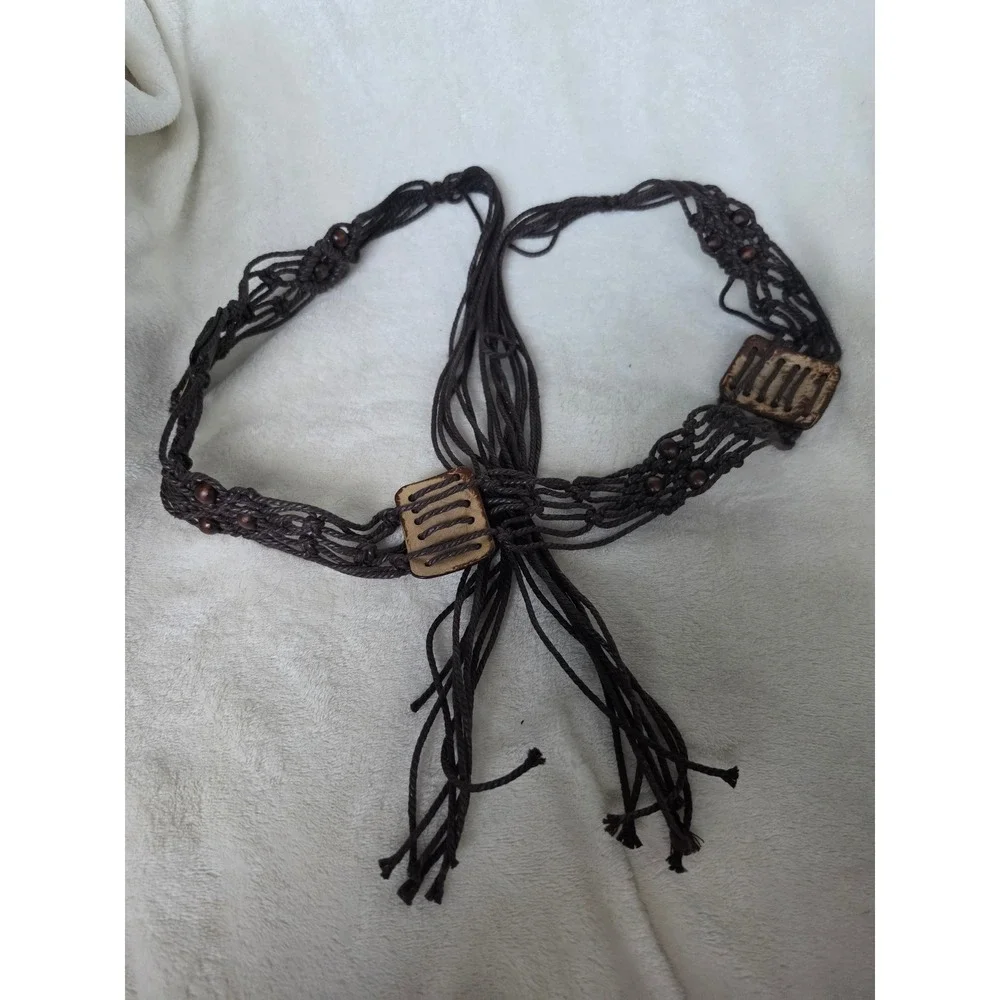 Vintage Boho Macrame Braided Cord Belt Brown Wood Beads Coconut Shell Tassel Tie